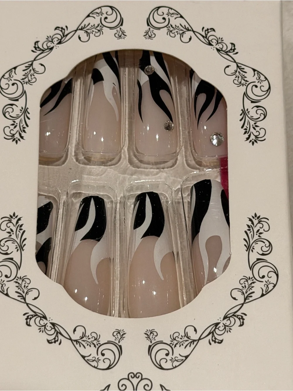 Zebra Swirl French Tip Press On Nails w/ Rhinestones | Y2K Glam